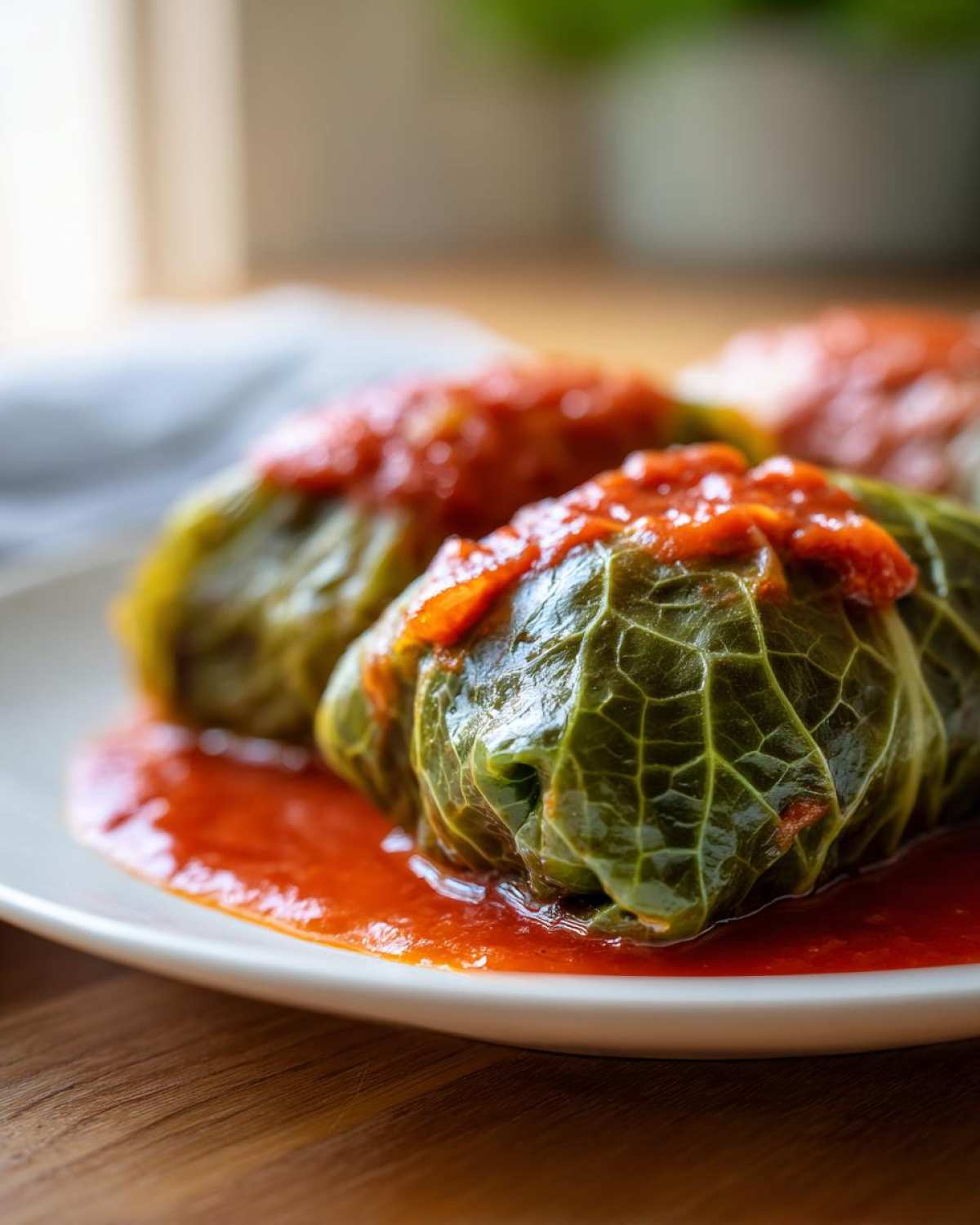Close-up of two tender cabbage rolls served on a white plate, covered in rich, bright red tomato sauce.