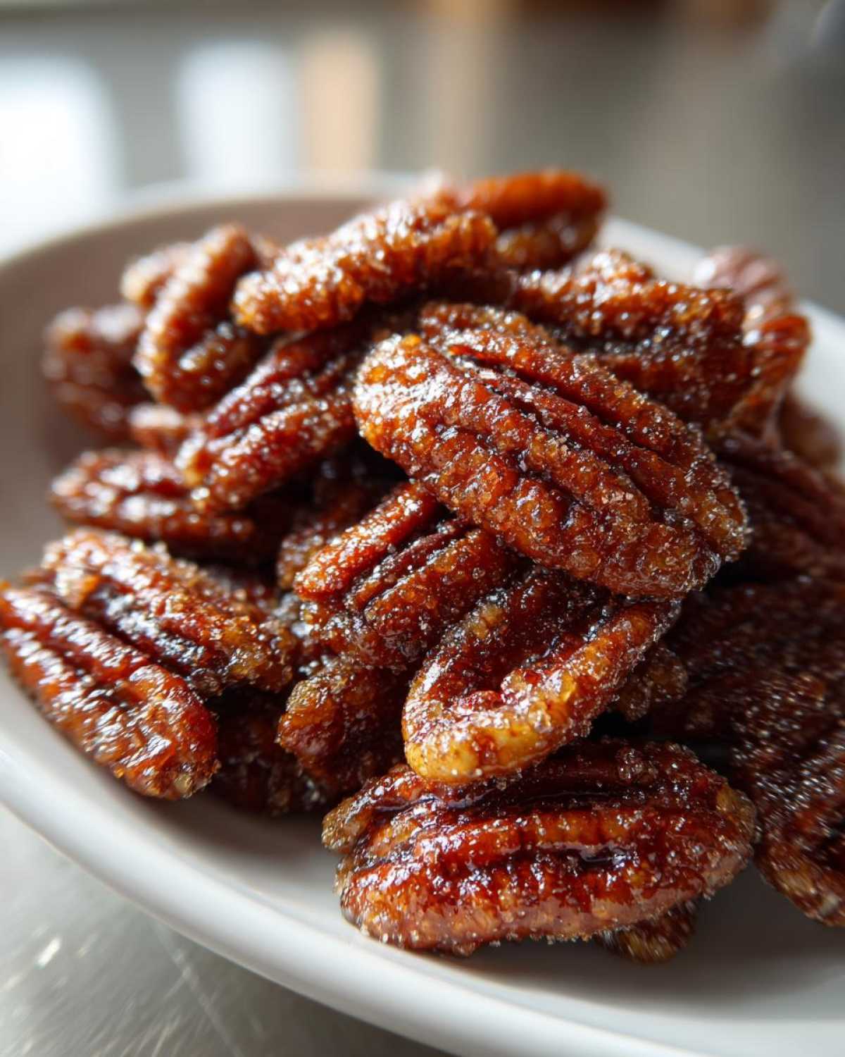 A close-up, macro shot of shiny, caramelized candied pecans piled high on a white dish.