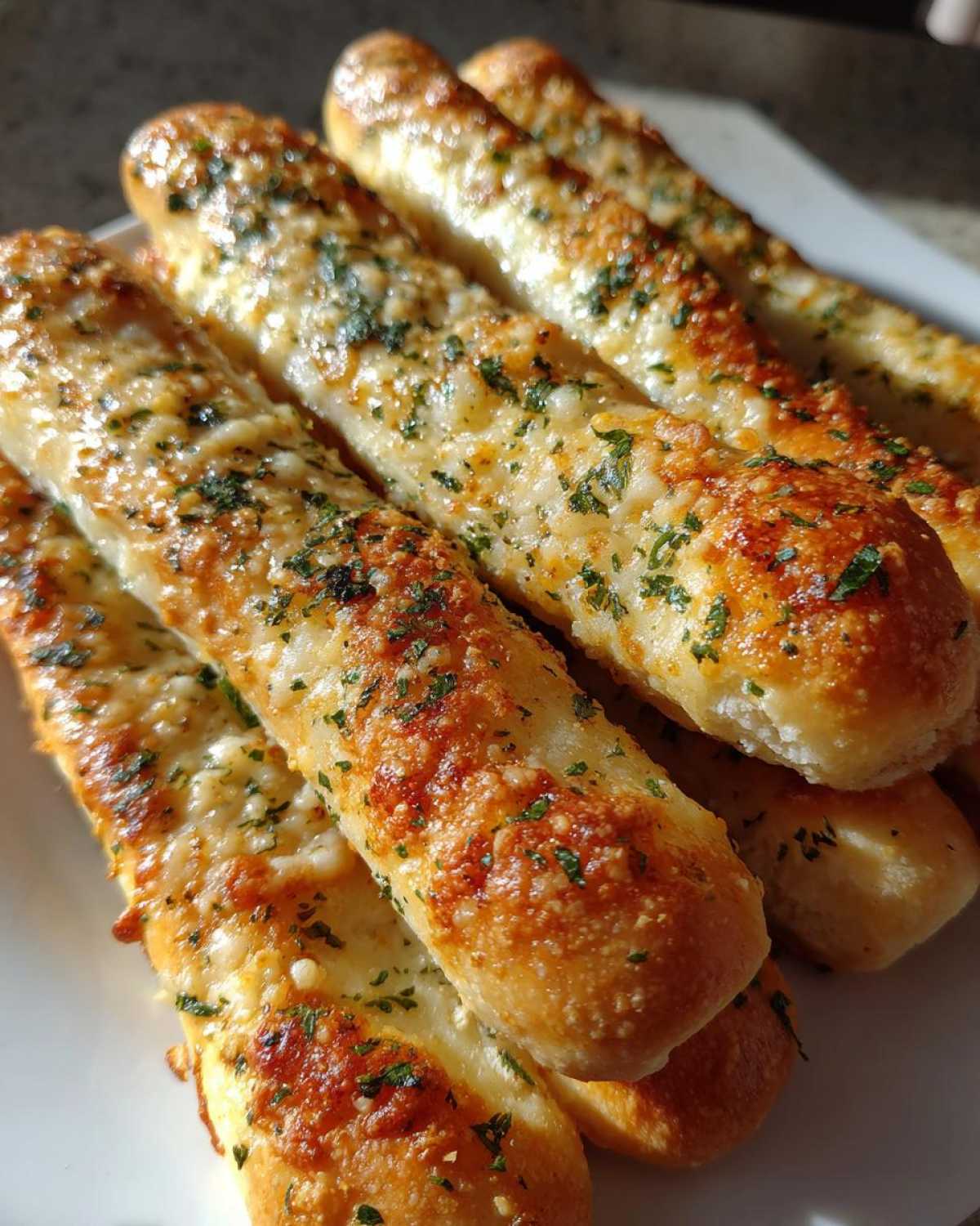 Close-up of golden brown, cheesy garlic breadsticks topped with parsley, ready to eat.