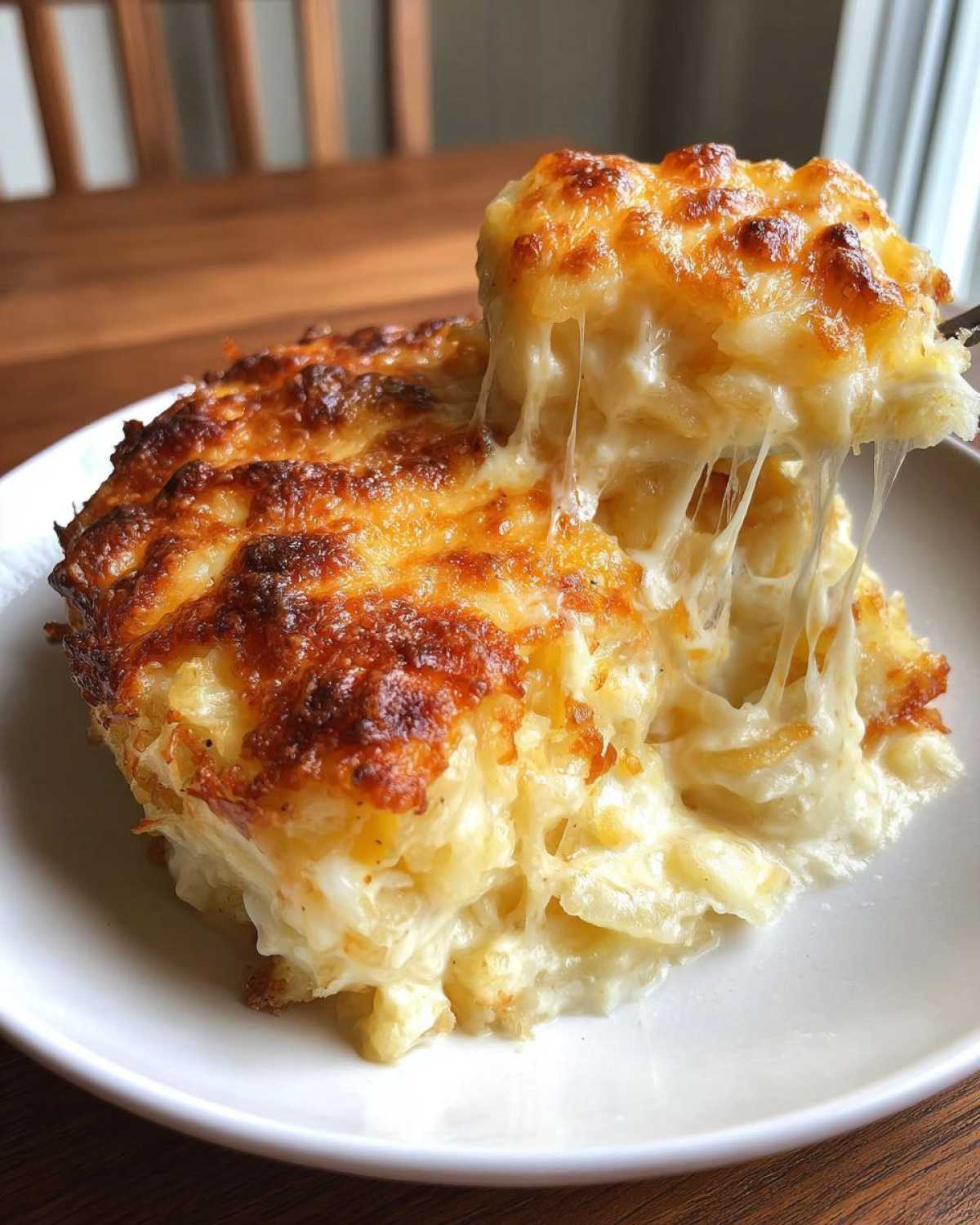 A serving of baked cheesy potato casserole lifted with a fork, showing extreme cheese pull.