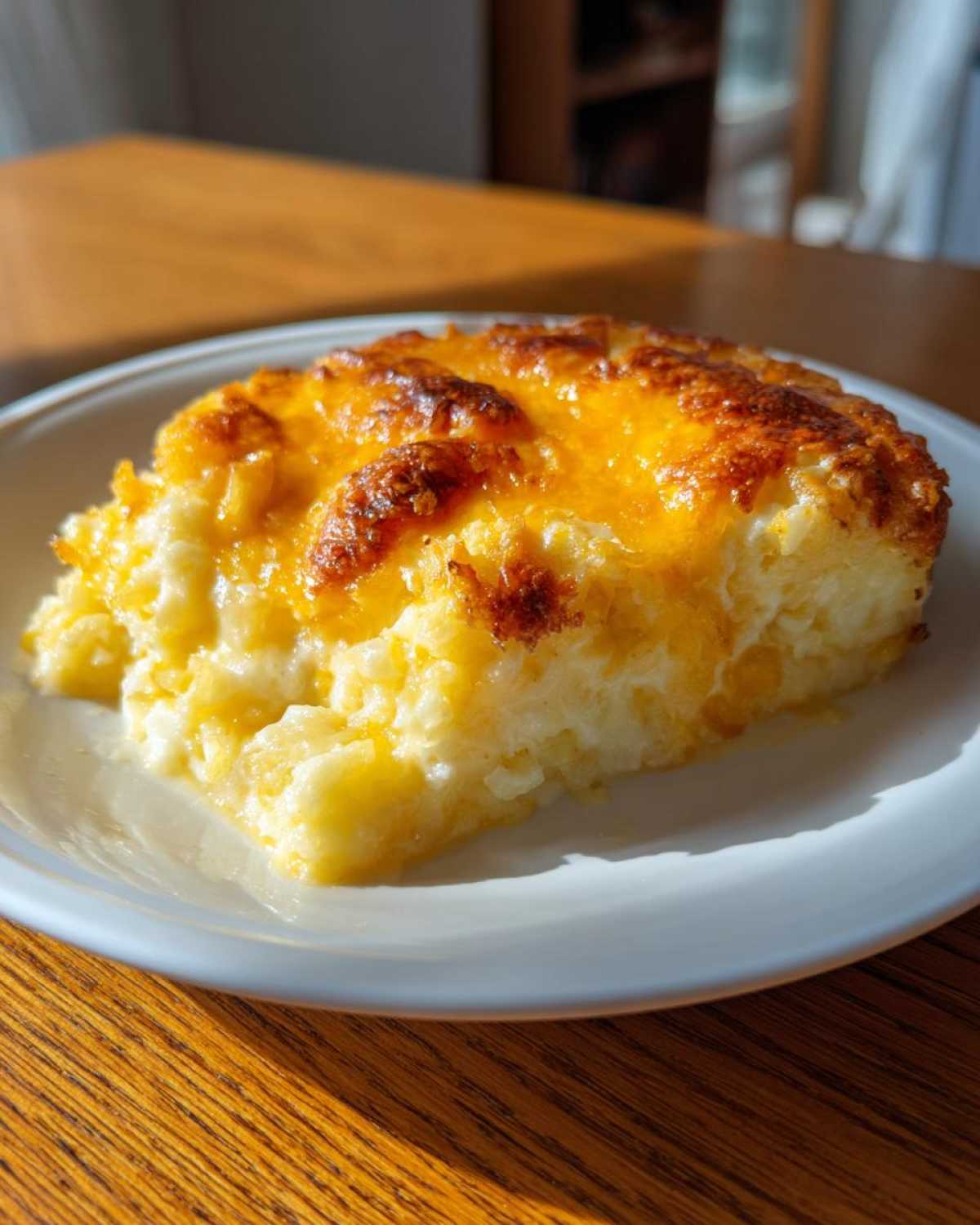 A close-up serving of amazing cheesy potato casserole with a golden brown, bubbly cheese topping.