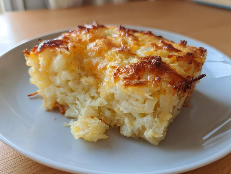A close-up slice of amazing cheesy potato casserole with a golden-brown, bubbly cheese crust.