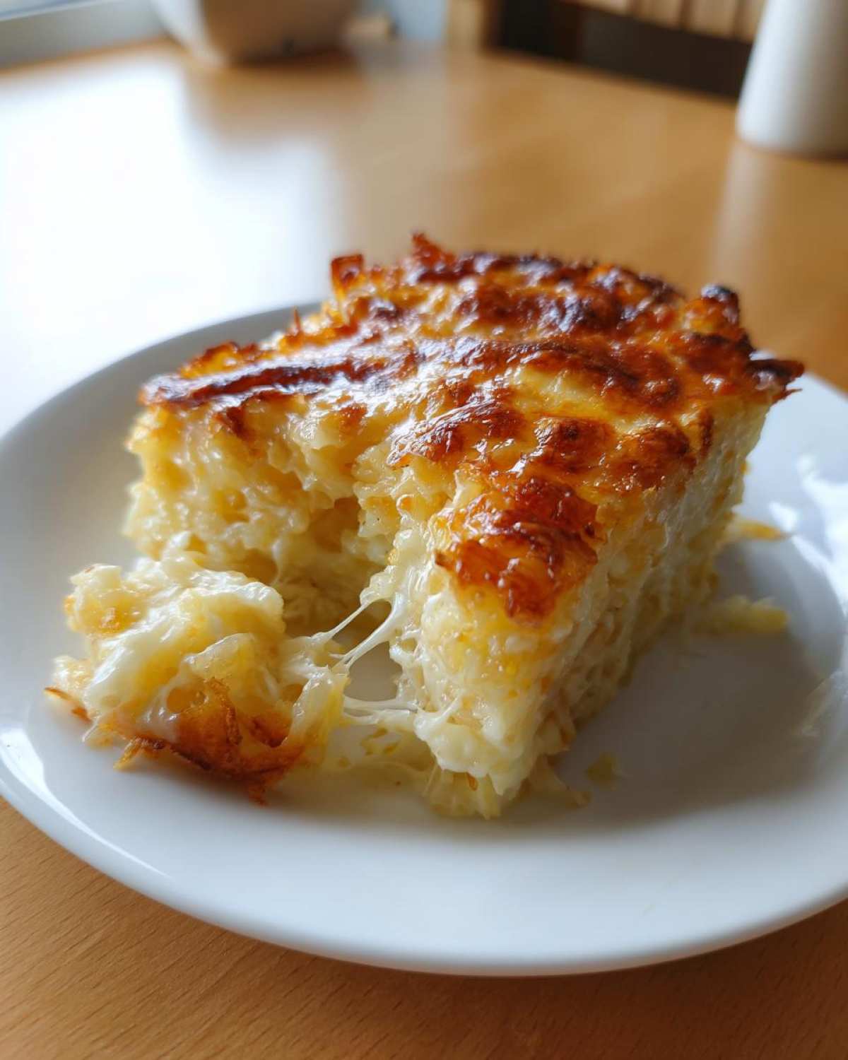 A close-up of a serving of amazing cheesy potato casserole with a golden-brown top and visible cheese pull.