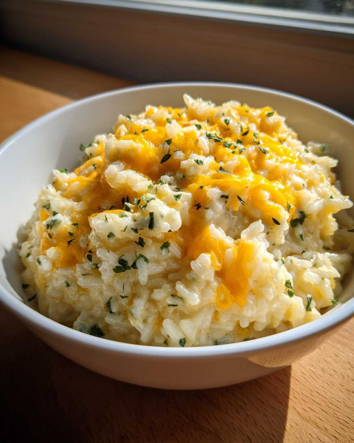 A close-up of a white bowl filled with creamy, amazing cheesy rice topped with melted cheddar and chopped parsley.