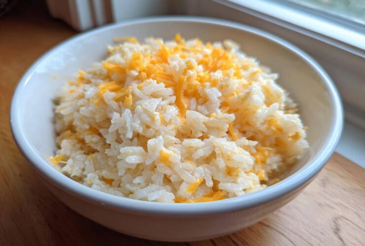 A white bowl filled with fluffy white rice topped generously with shredded cheddar cheese, showcasing the amazing cheesy rice.