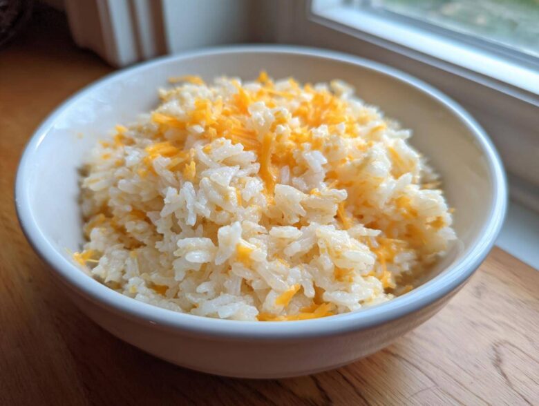 A white bowl filled with fluffy white rice topped generously with shredded cheddar cheese, showcasing the amazing cheesy rice.