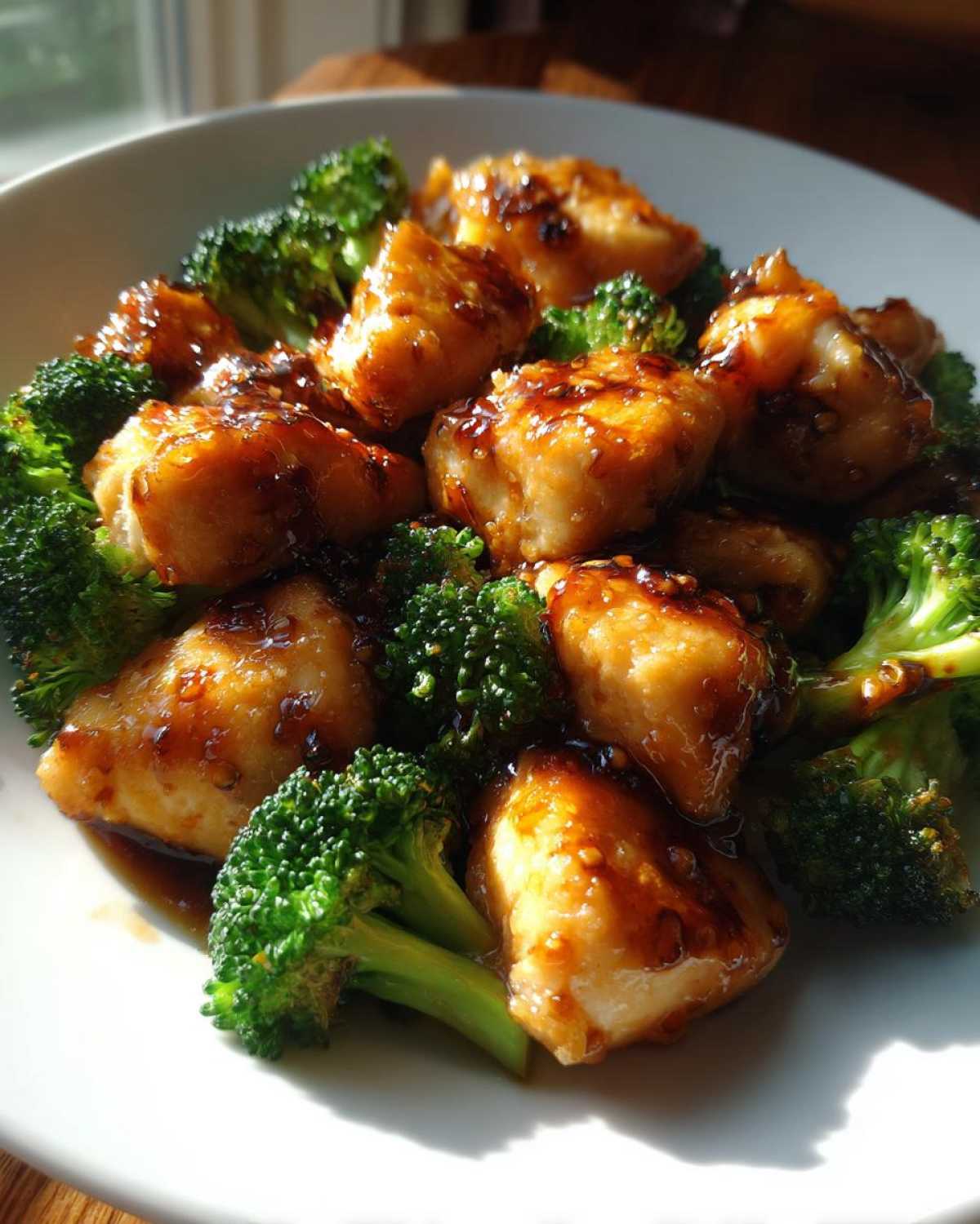 Close-up of glazed chicken pieces mixed with bright green broccoli florets, highlighting the chicken and broccoli dish.