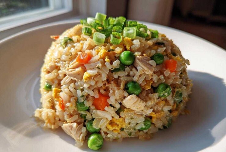 A perfectly molded mound of amazing chicken fried rice featuring visible pieces of chicken, peas, carrots, and egg, topped with green onions.
