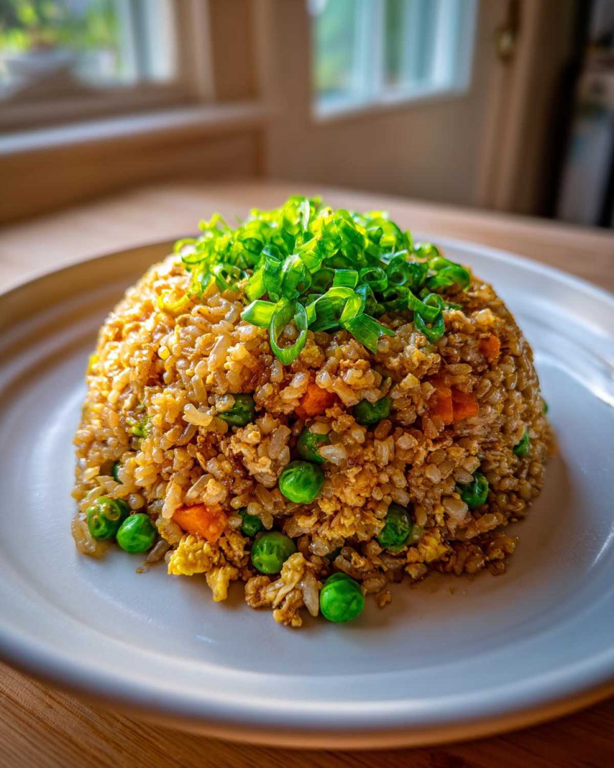 A mound of savory chicken fried rice mixed with peas and carrots, topped generously with fresh green onions.