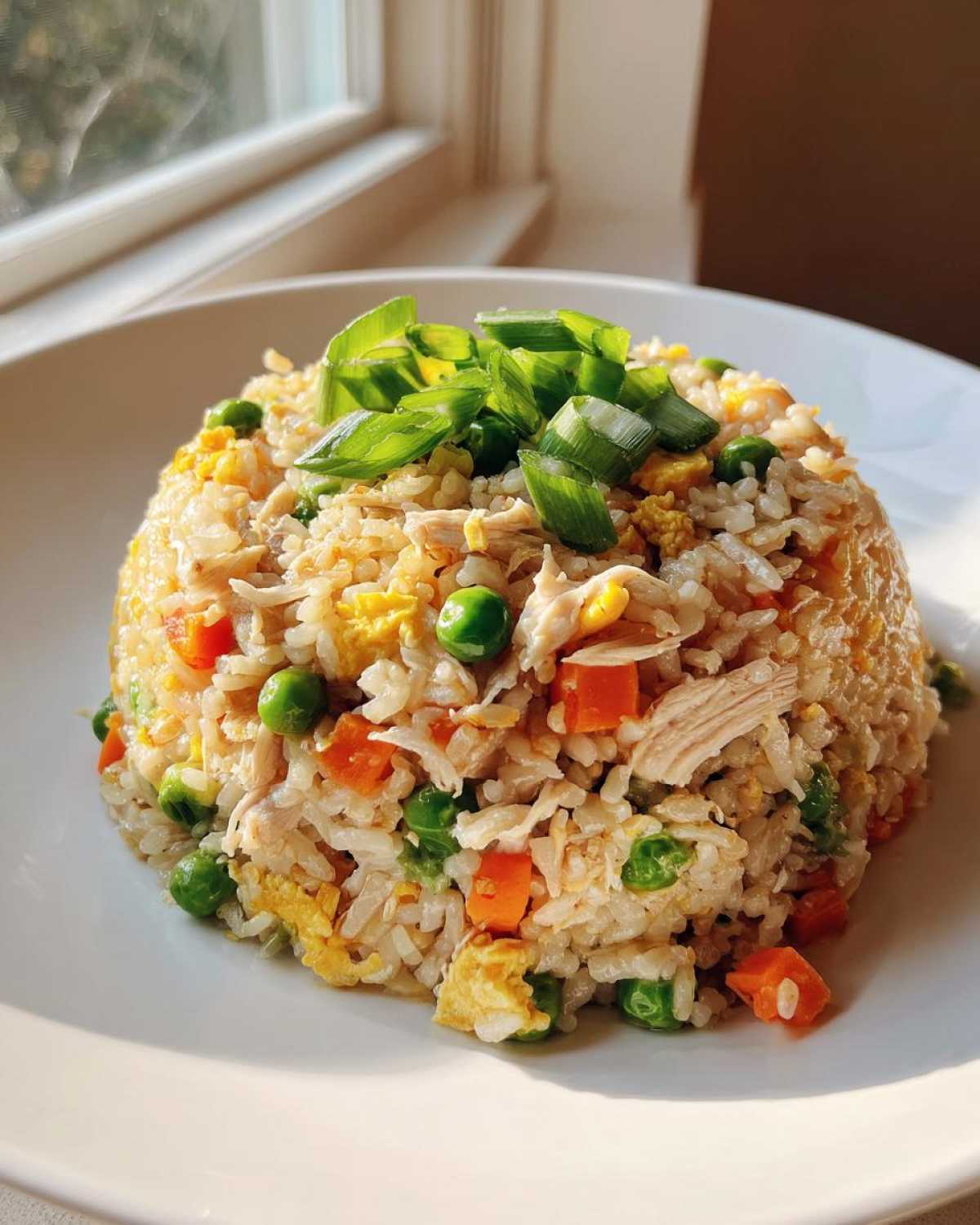 A mound of homemade chicken fried rice mixed with peas, carrots, and egg, topped with fresh green onions.