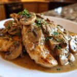 Close-up of pan-seared chicken breasts smothered in a rich, creamy mushroom sauce, classic chicken marsala.