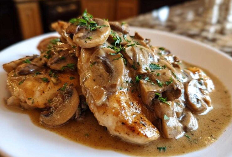 Close-up of pan-seared chicken breasts smothered in a rich, creamy mushroom sauce, classic chicken marsala.