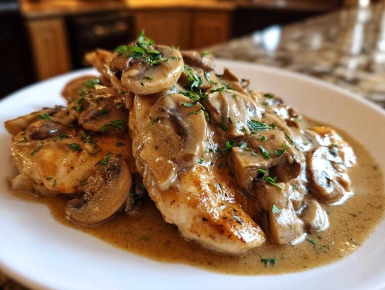 Close-up of pan-seared chicken breasts smothered in a rich, creamy mushroom sauce, classic chicken marsala.