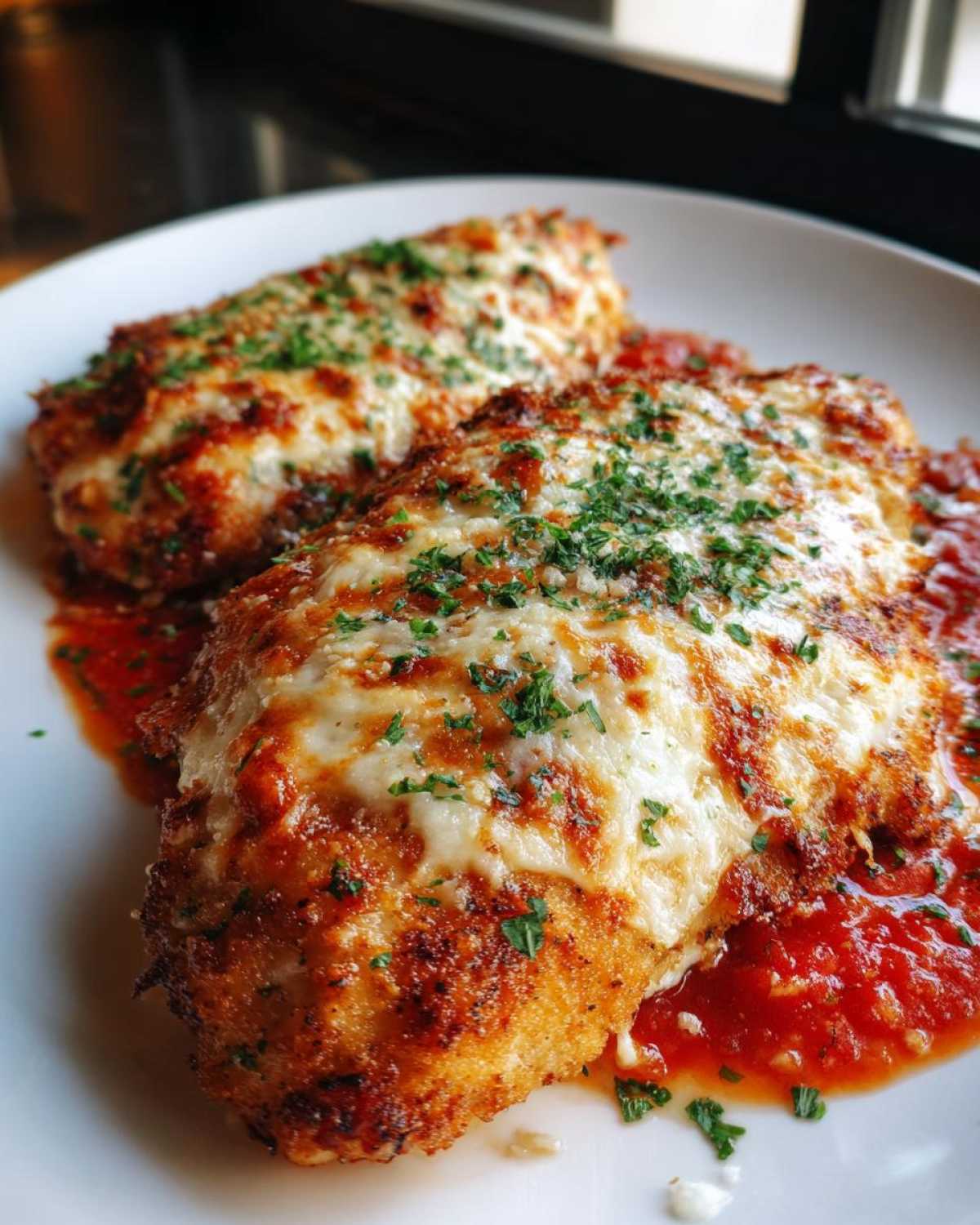 Close-up of two golden-brown chicken parmesan recipe fillets topped with melted mozzarella and parsley.