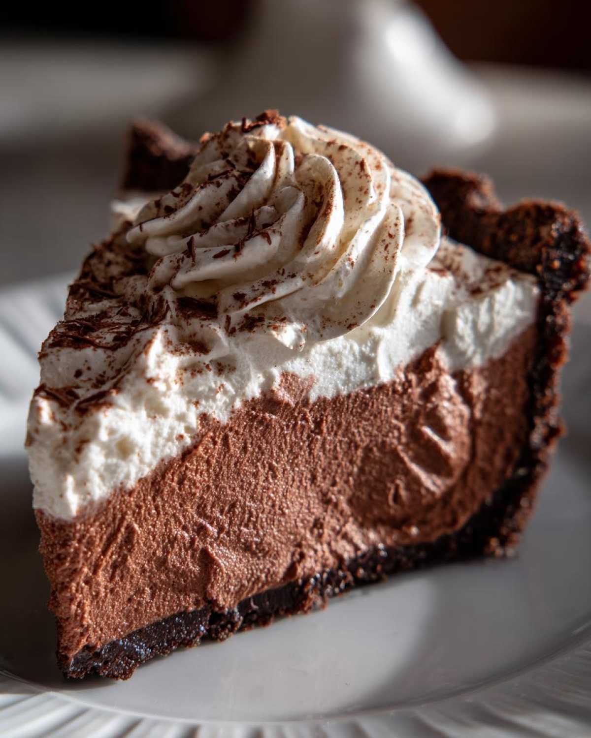 A rich slice of chocolate mousse pie with a dark crust, topped with whipped cream and chocolate shavings.