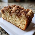 Close-up of a moist slice of coffee cake featuring a thick, sugary cinnamon crumb topping.