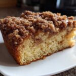 Close-up of a moist slice of coffee cake featuring a thick, sugary cinnamon crumb topping on a white plate.