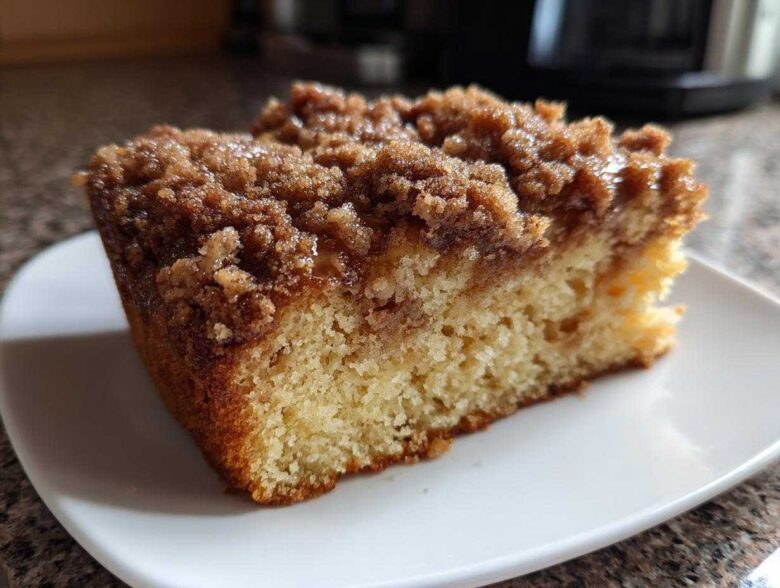 Close-up of a moist slice of coffee cake featuring a thick, sugary cinnamon crumb topping on a white plate.