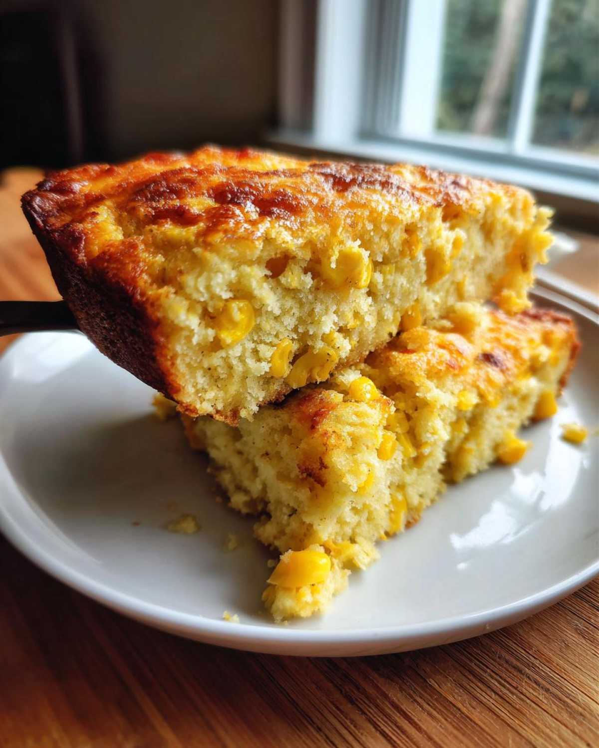 Two stacked slices of moist cornbread casserole, rich with whole corn kernels, served on a white plate.