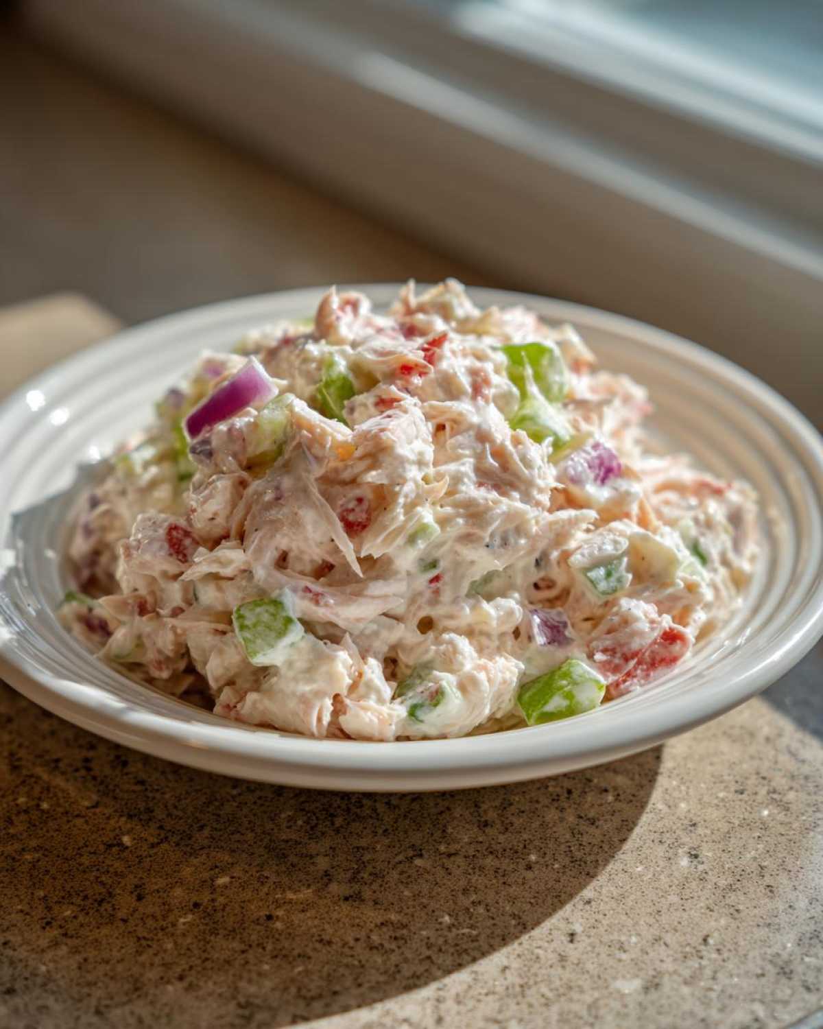 A close-up of creamy, chunky crab salad mixed with celery and red onion served in a white bowl.