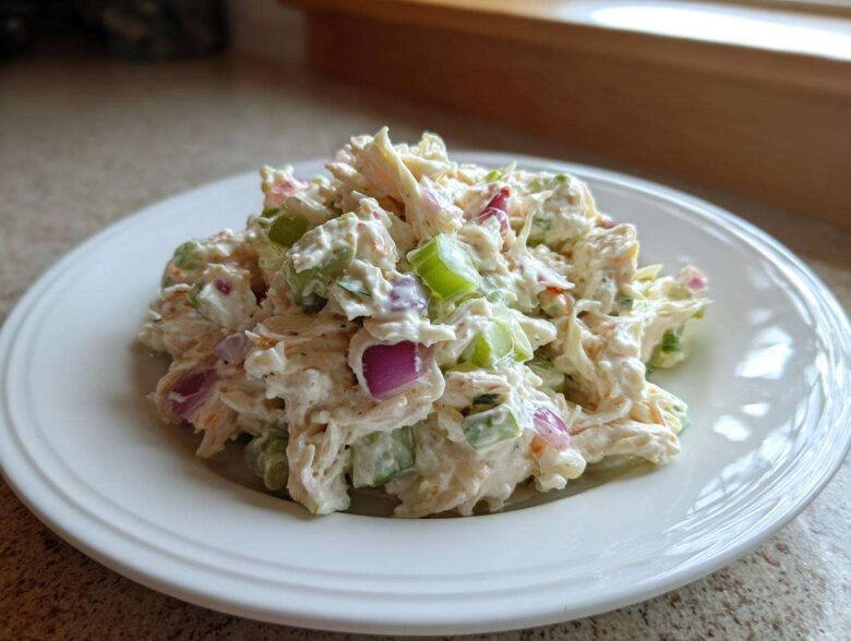 A generous scoop of creamy crab salad mixed with visible chunks of celery and red onion on a white plate.