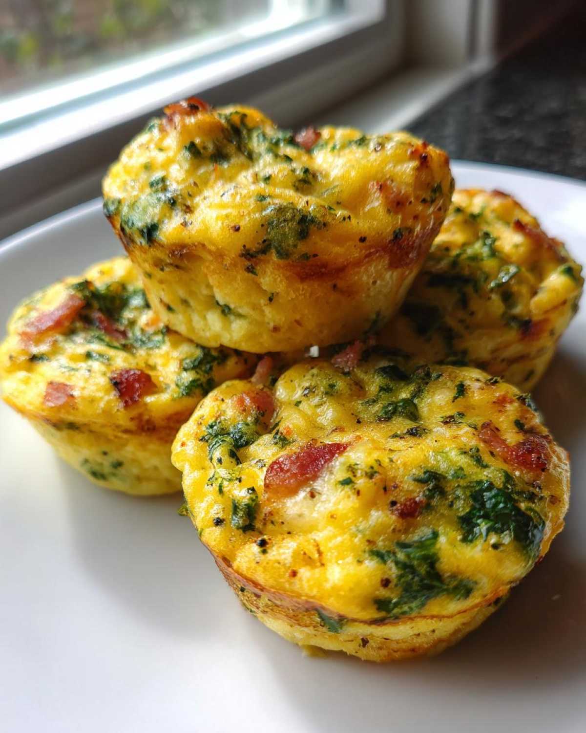 A stack of four savory, golden brown egg bites loaded with spinach and bacon pieces, ready to eat.