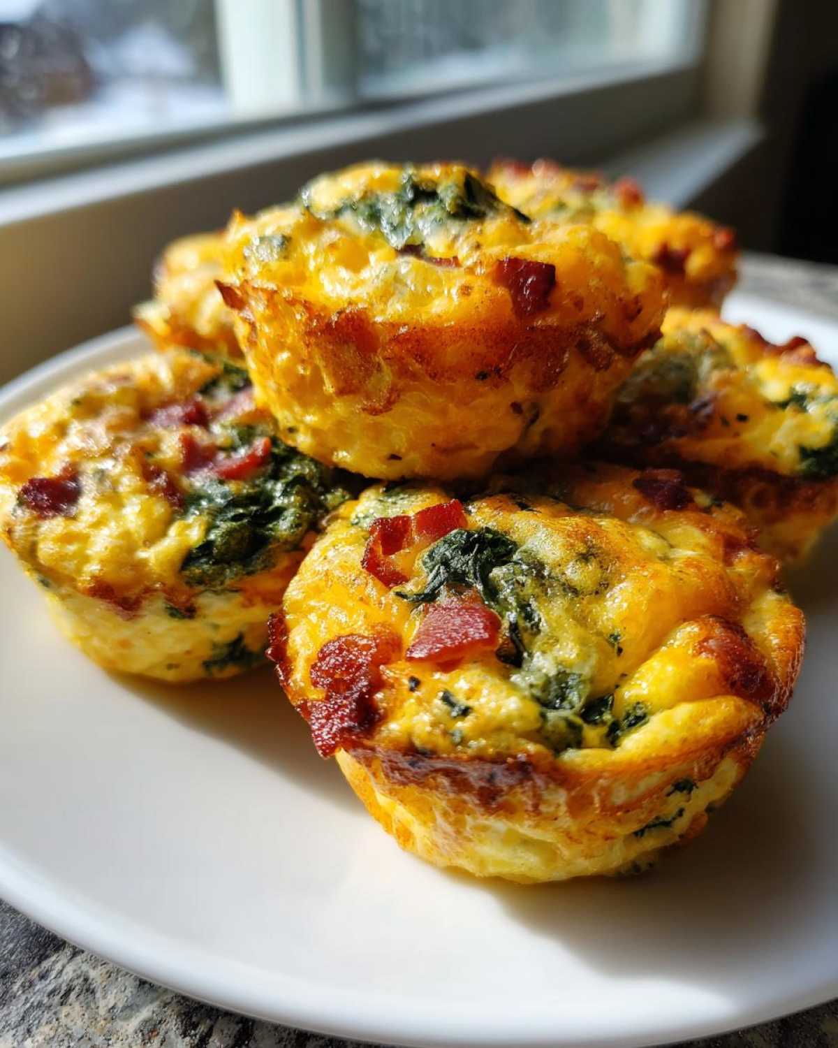 A stack of golden brown, baked egg bites featuring visible bacon pieces and spinach, served on a white plate.