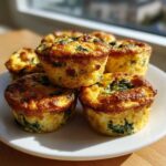 A stack of golden brown, freshly baked egg bites with visible spinach and cheese, served on a white plate.