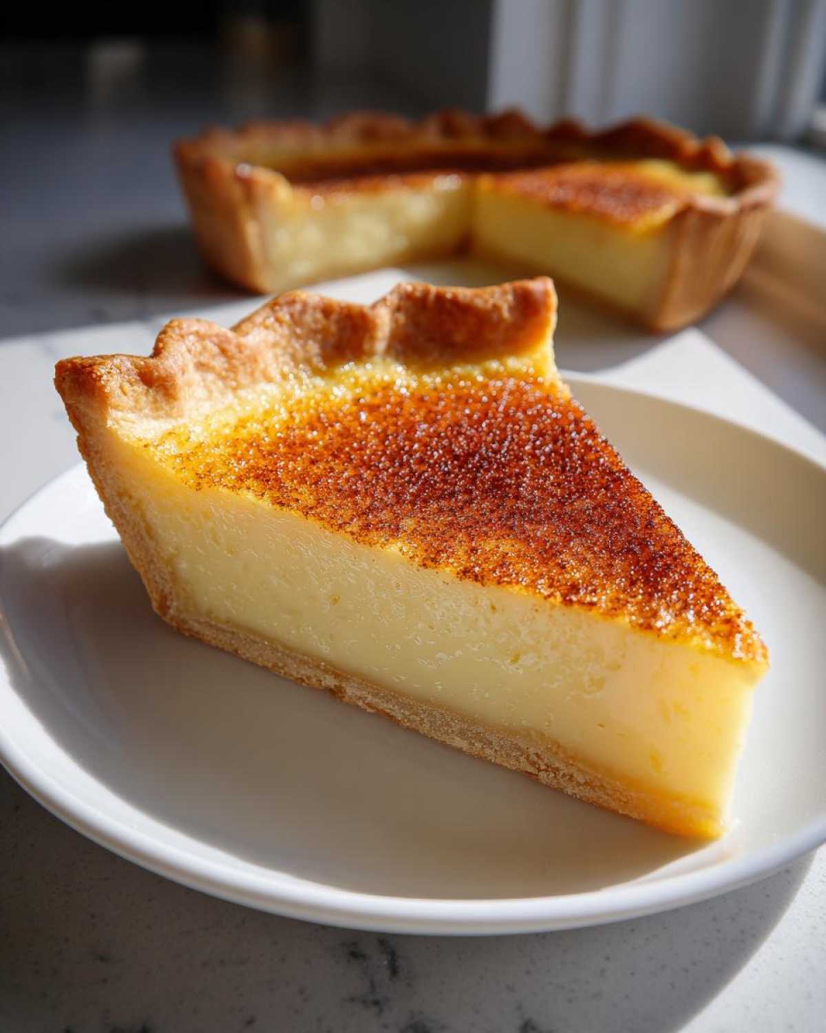 A close-up of a slice of amazing egg custard tart with a caramelized, browned top.