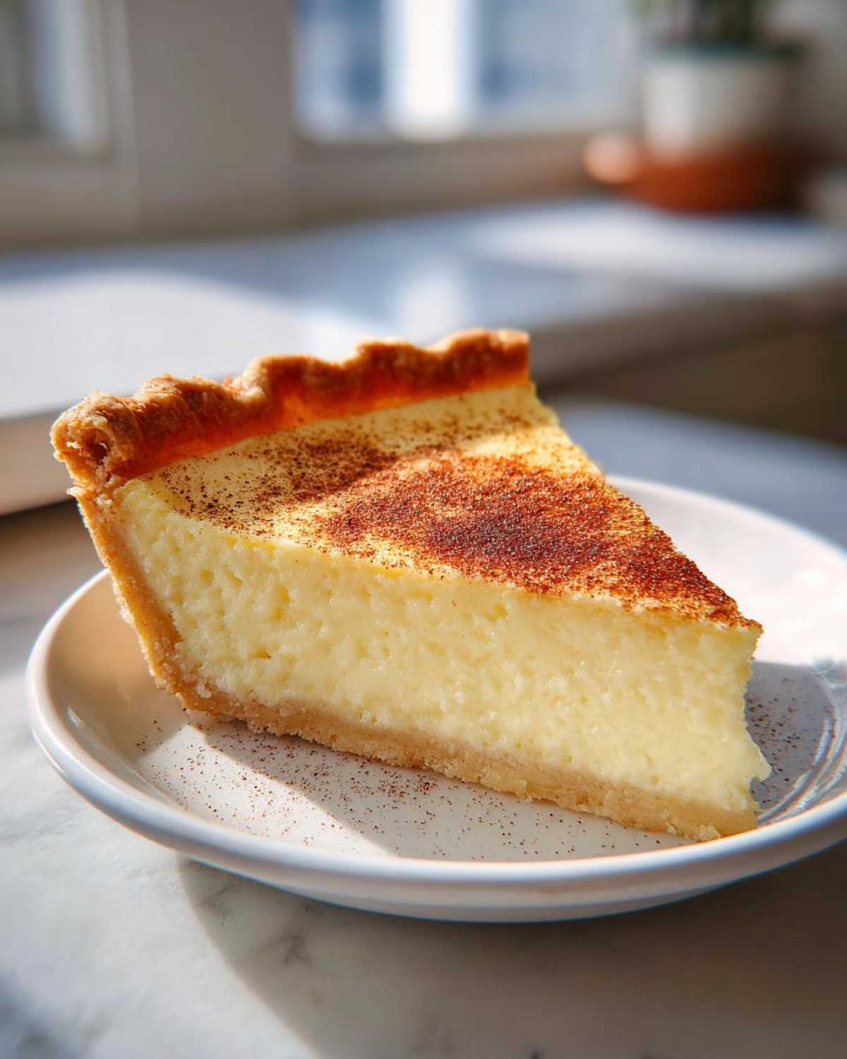 A thick slice of creamy egg custard pie dusted with cinnamon, served on a white plate.