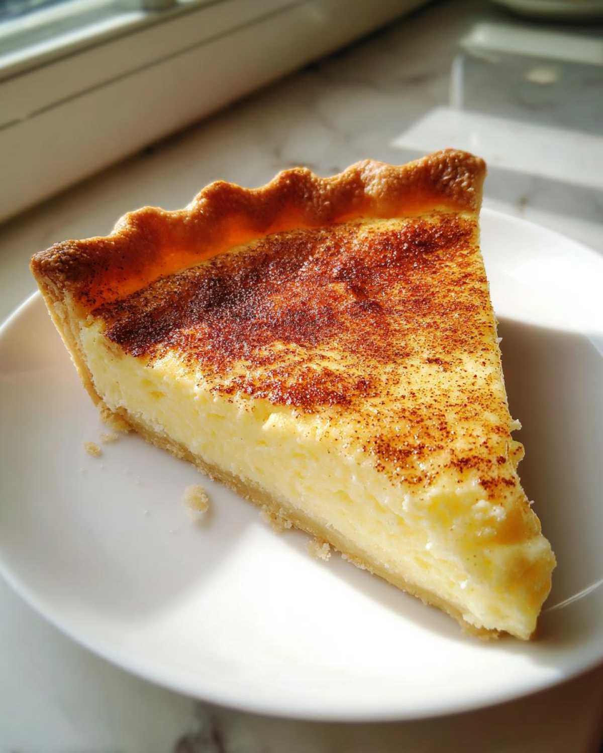 A perfect slice of creamy egg custard tart with a golden, cinnamon-dusted top on a white plate.