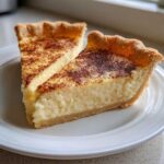 Two slices of creamy egg custard pie with a golden crust, dusted with cinnamon.