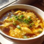 Close-up of a bowl of silky egg drop soup, featuring wispy yellow egg ribbons in a savory broth, topped with fresh green onions.