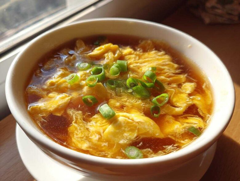 Close-up of a bowl of silky egg drop soup, featuring wispy yellow egg ribbons in a savory broth, topped with fresh green onions.