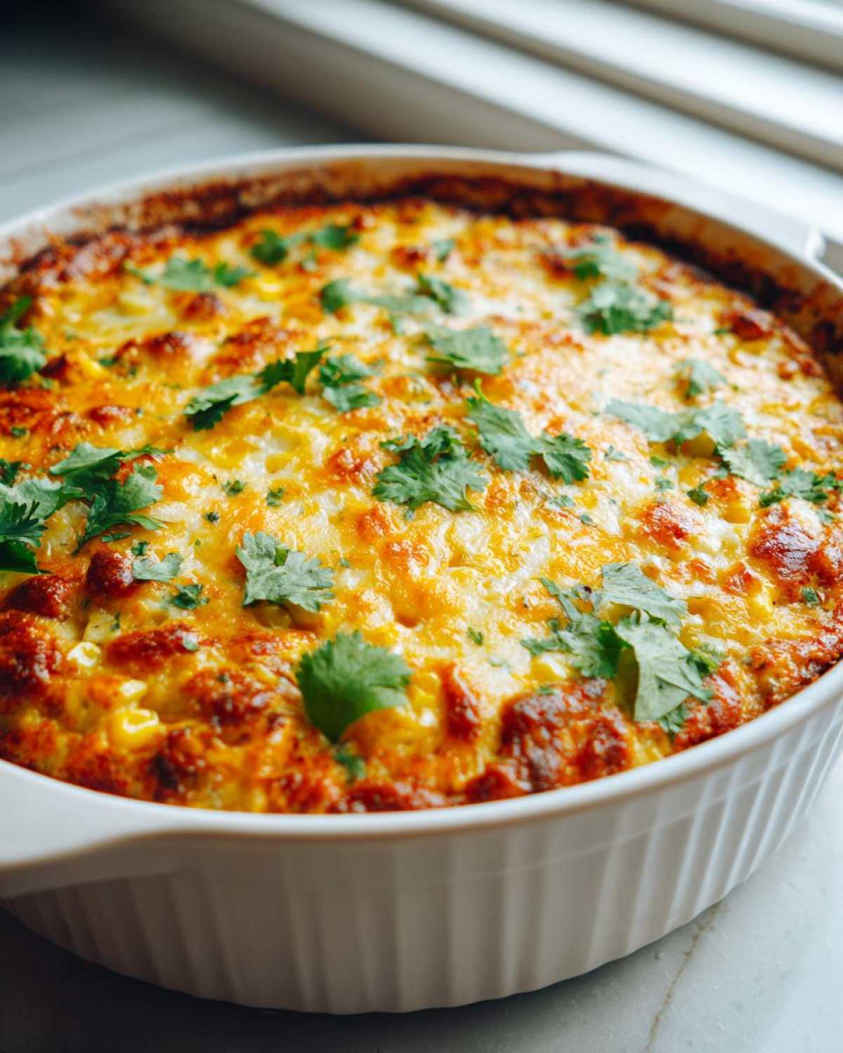 Close-up of a hot, cheesy elote dip baked to golden brown perfection and topped with fresh cilantro.