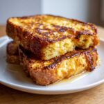 Close-up of two thick slices of perfectly golden brown french toast stacked on a white plate with syrup.