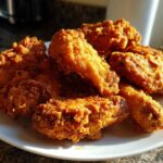 A pile of perfectly crispy, golden brown fried chicken wings stacked on a white plate, highlighting the crunchy coating.