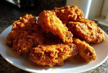 A pile of perfectly crispy, golden brown fried chicken wings stacked on a white plate, highlighting the crunchy coating.