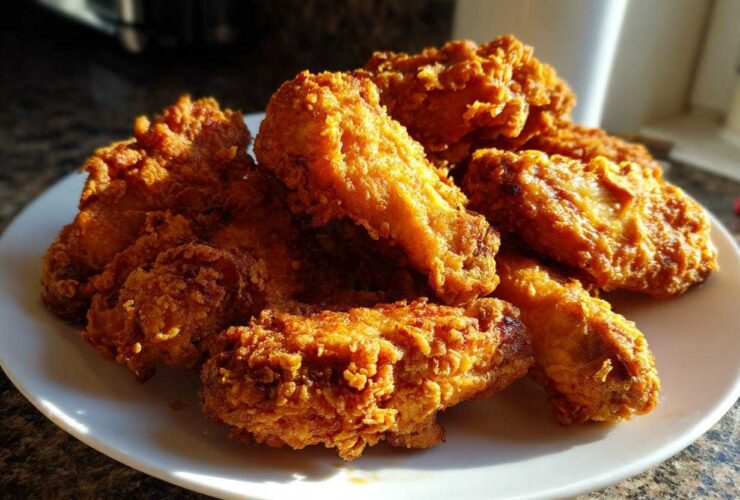A pile of perfectly crispy, golden brown fried chicken wings stacked on a white plate, highlighting the crunchy coating.