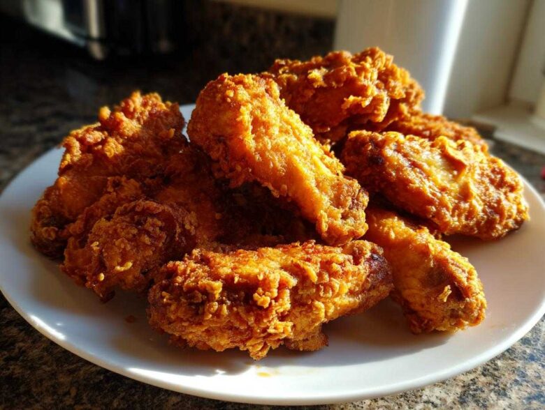 A pile of perfectly crispy, golden brown fried chicken wings stacked on a white plate, highlighting the crunchy coating.