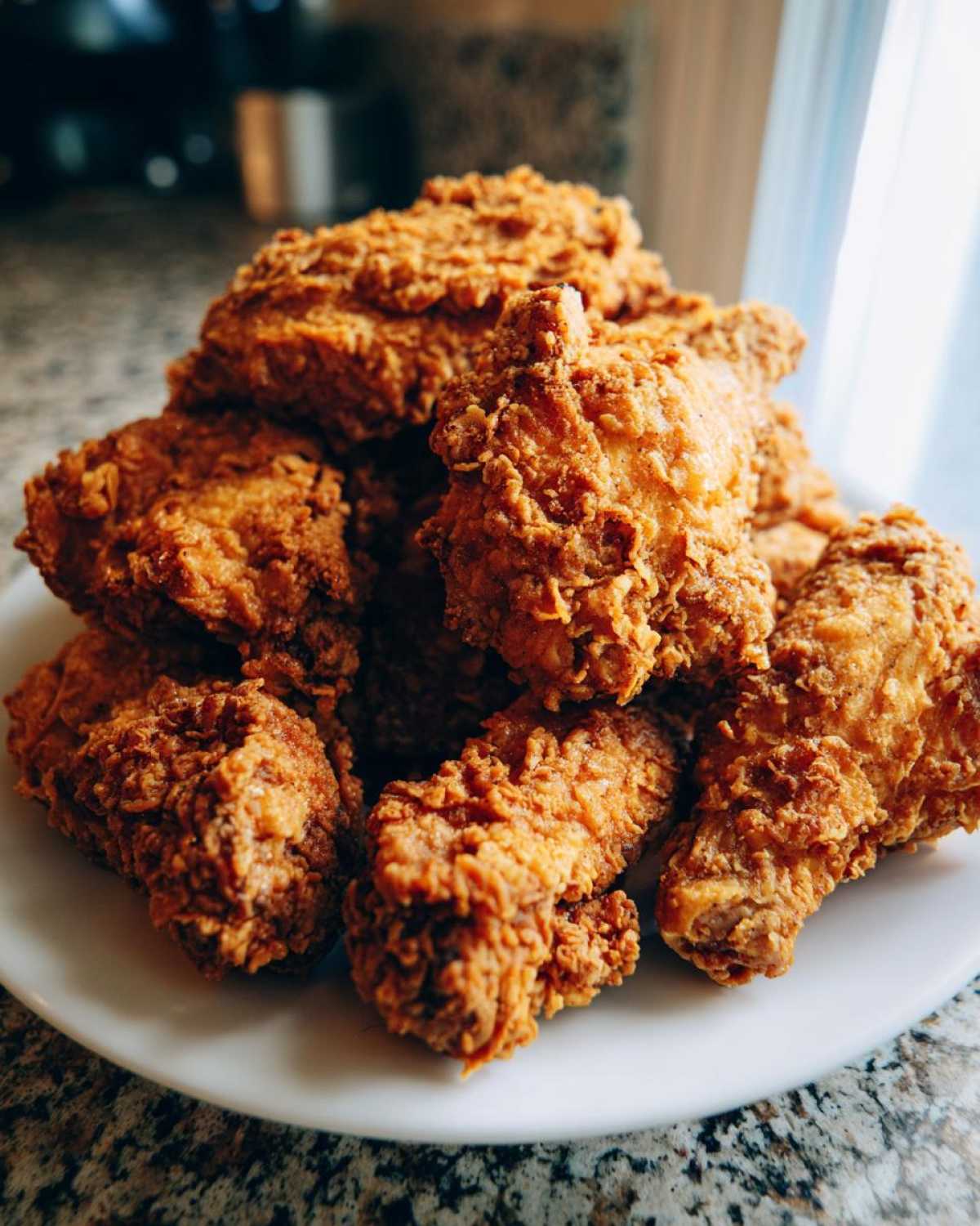 A close-up shot of a large pile of golden brown, crispy fried chicken wings stacked on a white plate.