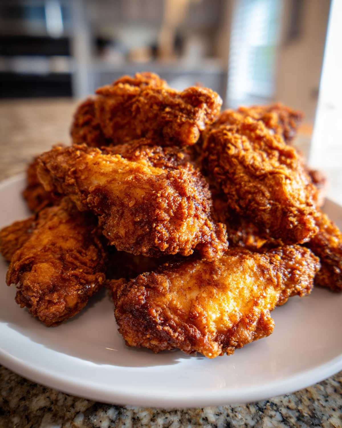 Close-up of a generous pile of golden brown, crispy fried chicken wings stacked on a white plate.