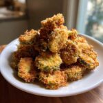 A tall pile of golden brown, crispy fried pickles served on a white plate.