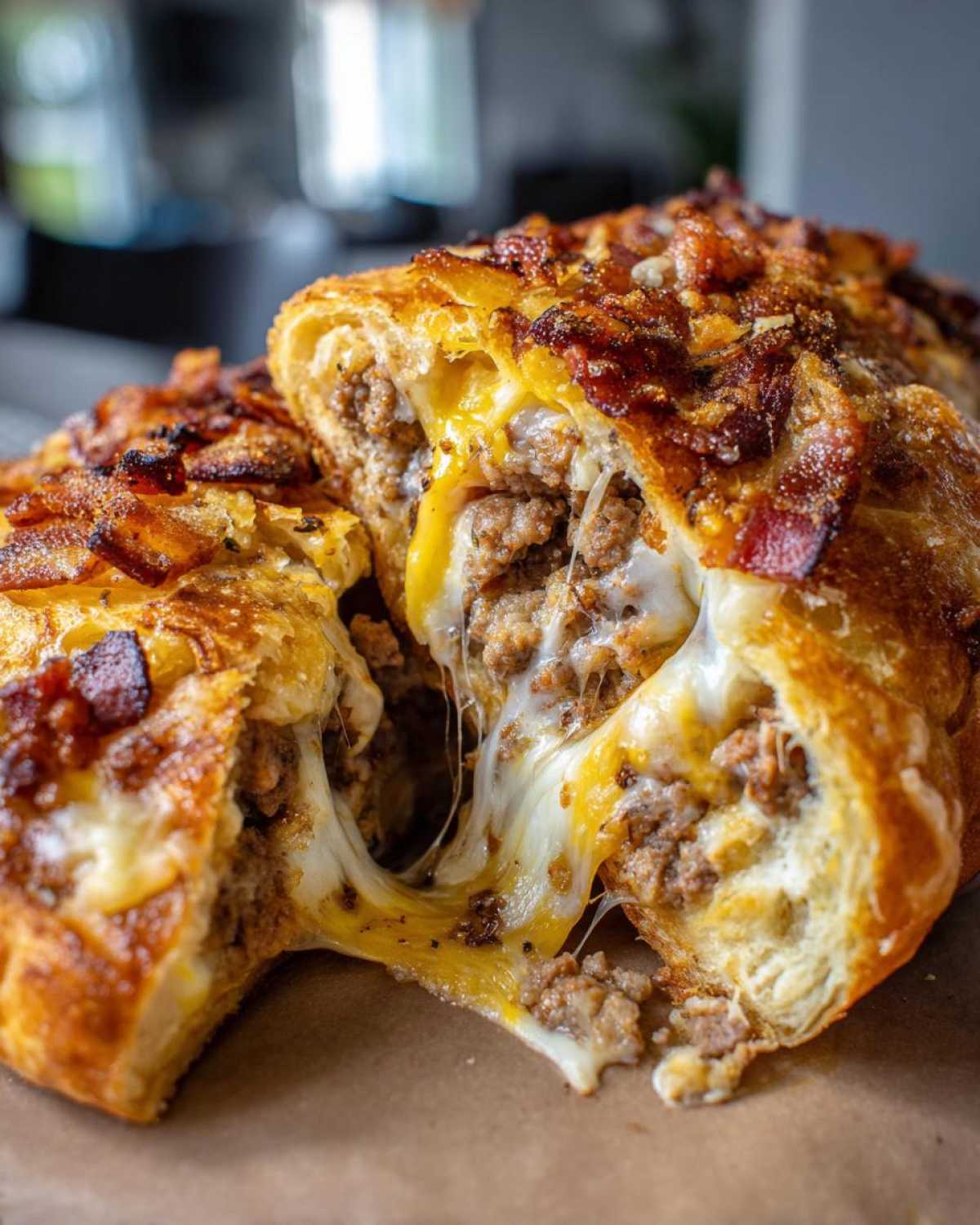 Close-up of amazing garbage bread cut open, showing a gooey, cheesy filling with ground meat and bacon topping.
