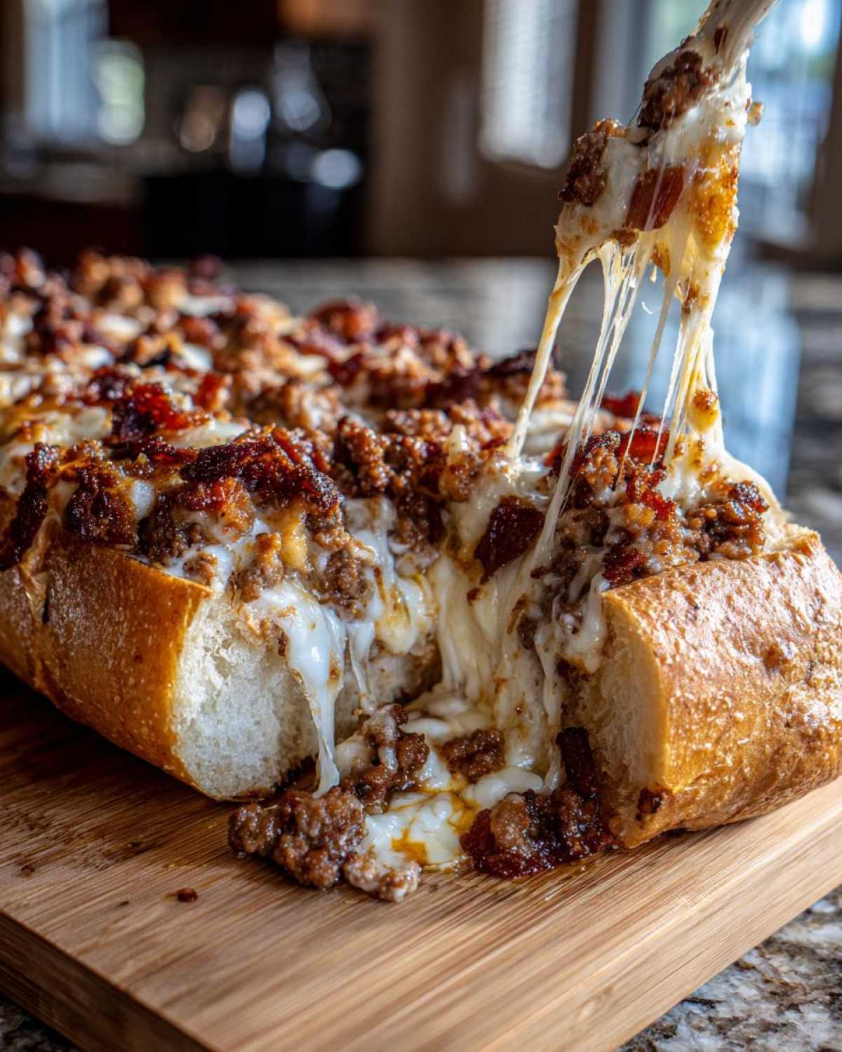 A piece of amazing garbage bread being pulled apart, showing long, stretchy mozzarella cheese and a hearty meat topping.