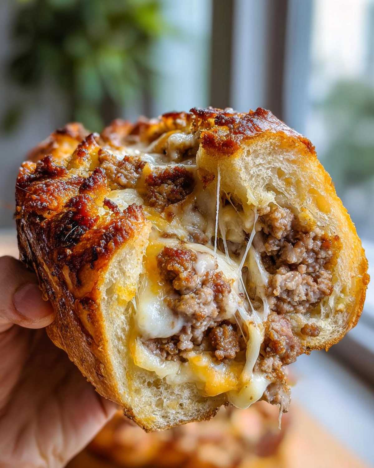 Close-up of a piece of amazing 450 calorie garbage bread, showing a cheesy, meaty filling with a satisfying cheese pull.