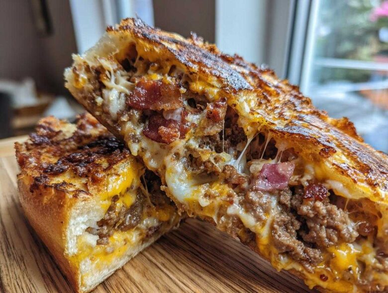 Close-up of delicious garbage bread cut in half, showing melted cheese, ground meat, and bacon filling.