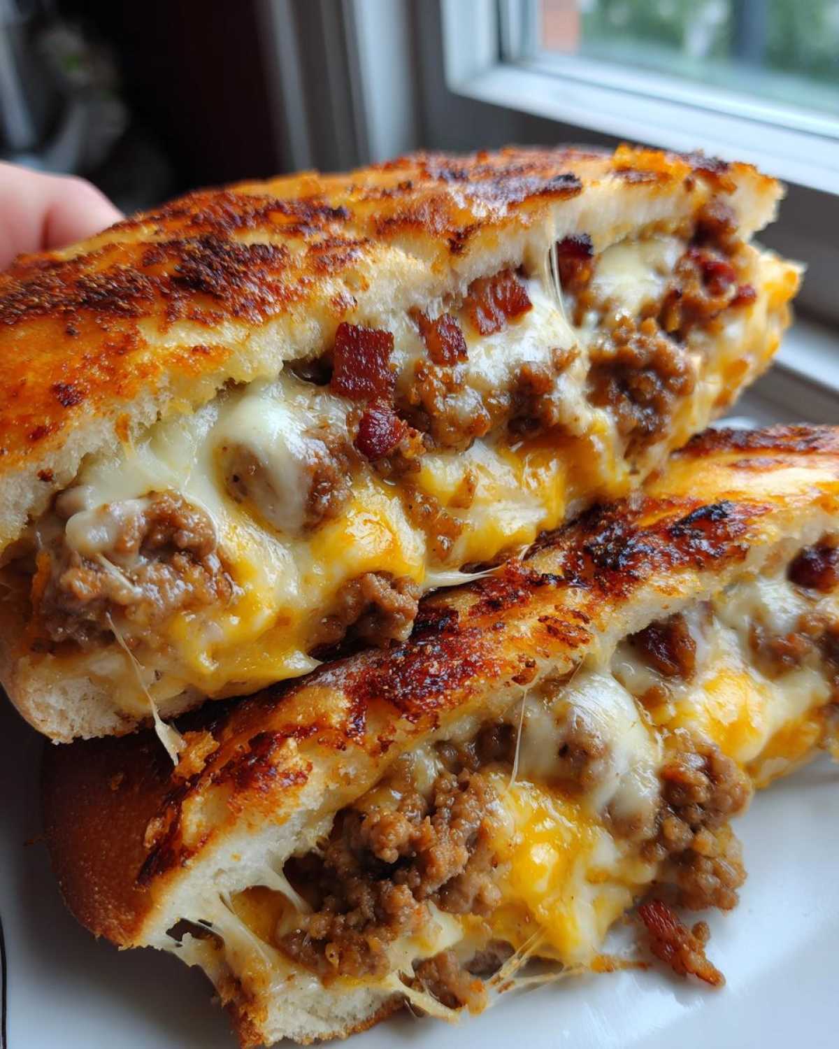 Close-up of delicious garbage bread cut in half, showing a gooey, cheesy filling with ground meat and bacon.
