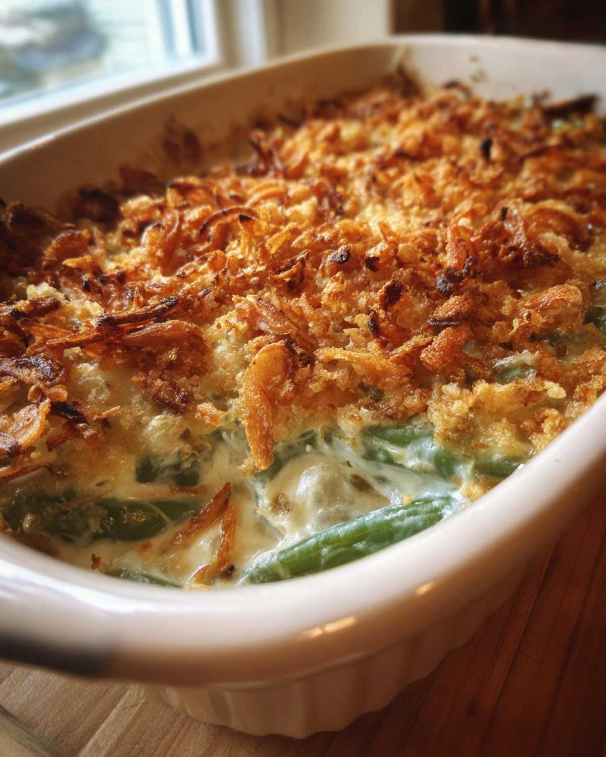 Close-up of a freshly baked green bean casserole topped with golden brown crispy fried onions.