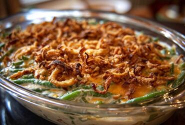 Close-up of a creamy green bean casserole topped generously with crispy fried onions.